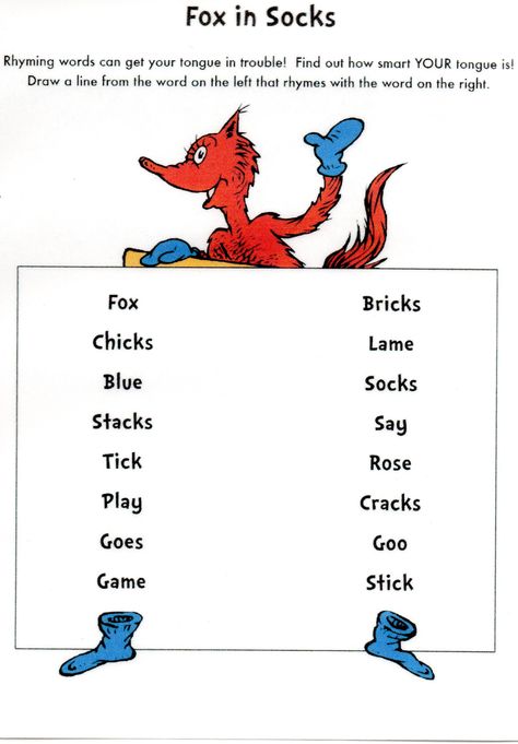 Fox in Socks Rhyming Word Worksheet Fox And Socks Activities, Rhyming Words Worksheets Grade 2, Fox In Socks Activities Preschool, Fox In Socks Activities, February Preschool, Rhyming Words Worksheets, Phonics Lesson Plans, Fox In Socks, Dr Seuss Preschool