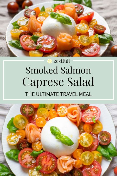 Smoked Salmon Caprese Salad is the ultimate travel meal. You can make this salad anywhere. This is a go-to meal whenever you need something quick to eat while travelling especially if you have food allergies.#allergyfriendly #salad #capresesalad #travelfood #healthy #healthyrecipes #salmon Salmon Caprese, Peanut Free Desserts, Ensalada Caprese, Burrata Salad, Gmo Foods, Nut Free Recipes, Fresh Salad, Allergy Free Recipes, Allergy Friendly Recipes