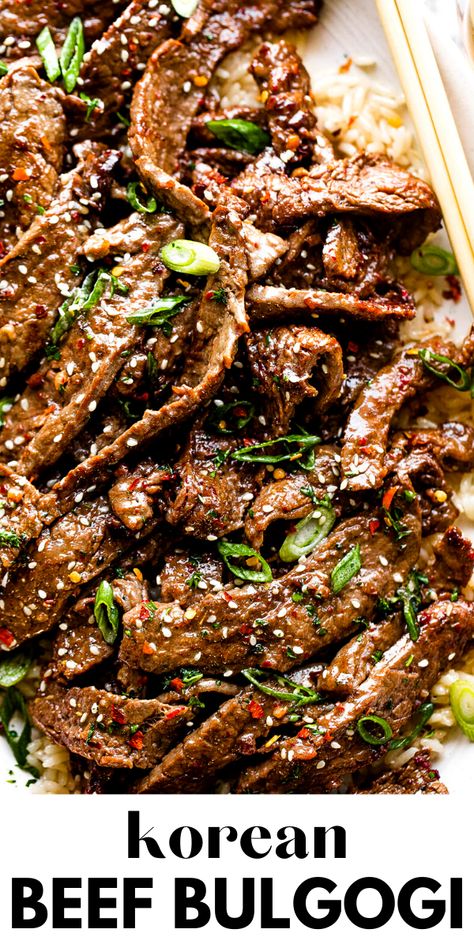 Tender slices of flank steak are marinated with fresh pear, ginger, garlic and soy sauce in this amazing Korean Beef Bulgogi! You’ll love the sweet heat of the gochugaru spice and the smoothness of the warm, nutty sesame oil. Korean Beef Bulgogi Flank Steak, Steak Bulgogi Recipe, Sliced Beef Strip Recipes, Korean Skirt Steak, Flank Steak Asian Recipes, Sliced Flank Steak Recipes, Korean Steak Marinade, Easy Flank Steak Recipes, Beef Flank Steak Recipes