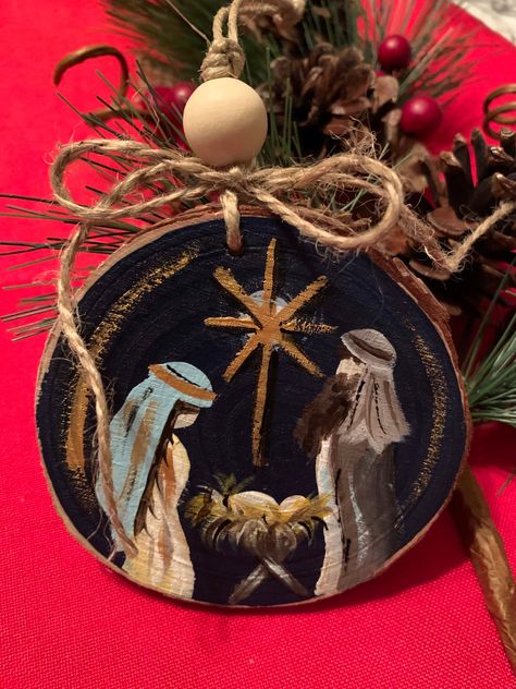 Wooden Painted Nativity Scene, Religious Christmas Ornaments, Painting Thoughts, Heavenly Christmas, Manger Nativity, Painted Stars, Nativity Painting, Ornament Exchange, Nativity Ornaments