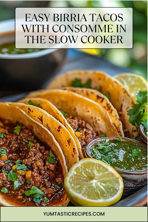 Transform simple ingredients into an unforgettable meal with this slow cooker Birria Tacos recipe. Learn how to make melt-in-your-mouth beef and a flavorful consomme that takes taco night to the next level. Save this recipe for your next family dinner or fiesta!

#HomemadeTacos #SlowCookerRecipeIdeas #MexicanFoodLovers #BirriaTacoTime #EasyDinnerFix Bri Tacos, Birria Slow Cooker Recipe, Birria Tacos Recipe Easy, Birria Tacos Easy, Birria Tacos Recipe Crockpot, Slow Cooker Birria Tacos, Crockpot Birria Tacos, Crockpot Birria, Easy Birria Tacos