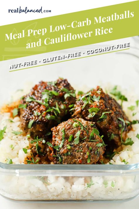 This Meal Prep Low-Carb Meatballs And Cauliflower Rice recipe features homemade ground beef meatballs made with shredded mozzarella, fresh parsley, coconut aminos, herbs, and spices served atop steamed cauliflower rice. This meal prep low-carb high-protein meal can be made in 30 minutes and yields a delicious, filling, and quick lunch or dinner! #realbalancedblog #lowcarbmealprep #lowcarbhighprotein #mealprepidea Meatballs And Cauliflower Rice, Homemade Ground Beef, Ground Beef Meatballs, Cauliflower Rice Recipe, Low Carb Meatballs, Steamed Cauliflower, Cauliflower Rice Recipes, Low Carb Meal Prep, High Protein Low Carb Recipes