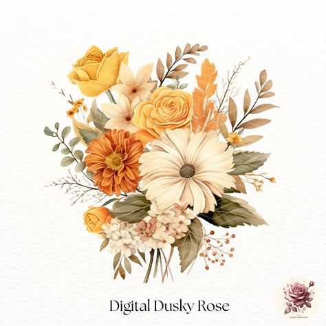 Autumn Bouquet Clipart, Fall Arrangement, Watercolor Flowers, Orange Sunflowers, Wild Flowers, Leaves https://digitalduskyrose.etsy.com/listing/1720753680 🍁🌻 Featuring beautiful watercolor flowers, including orange sunflowers and wildflowers, these fall arrangements capture the essence of the season. Perfect for adding a touch of autumn magic to your designs, each 5x5 inch clipart at 300 dpi brings vibrant fall leaves and stunning floral arrangements to life. Ideal for wedding invitations, ... Sunflowers And Wildflowers, Bouquet Clipart, Autumn Bouquet, Orange Sunflowers, Watercolor Workshop, Flowers Orange, Autumn Magic, Fall Arrangements, Wildflower Bouquet