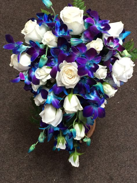 Bridal Bouquet White Roses, Blue And Purple Orchid Wedding, Blue Dendrobium Orchids Wedding, White Roses And Blue Orchid Bouquet, Bouquet White Roses, Blue Orchid Bouquet, Bouquet Of White Roses, Blue Orchid Wedding, Cascading White Orchid Bridal Bouquet