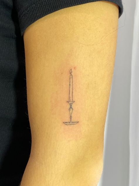 fineline tattoo by @chaotink Tiny Candle Tattoo, Candlelight Tattoo, Candle Light Tattoo, Candle Stick Tattoo, Candlestick Tattoo, Tiny Candles, Stick Tattoo, Candle Tattoo, Fineline Tattoo