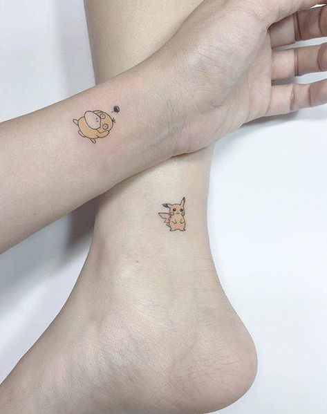 Matching Psyduck and Pikachu tattoos. Pokemon Tattoo Ideas, Nintendo Tattoo, Cute Tattoos With Meaning, Pikachu Tattoo, Couple Tattoos Unique, Sibling Tattoos, Pokemon Tattoo, Парные Тату, Geniale Tattoos