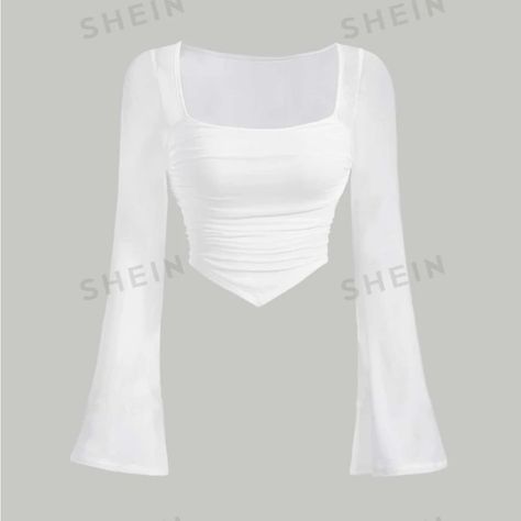 Shein Brand Is Good And Soft Quality Size Small Fits Well Shein Cute Tops, Turquoise Quince, Clothing White Background, Shirt With Flared Sleeves, Surprise Dance Outfits, Square Neck Shirt, White Tops Outfit, Outfit Shein, Shein Fits