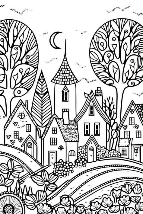 Small Town Painting, Naive Art Houses, Whimsical Coloring Pages, Naive Art Landscape, Folk Art Coloring Pages, Town In The Woods, Swedish Village, Cozy Drawing, Landscape Coloring Pages