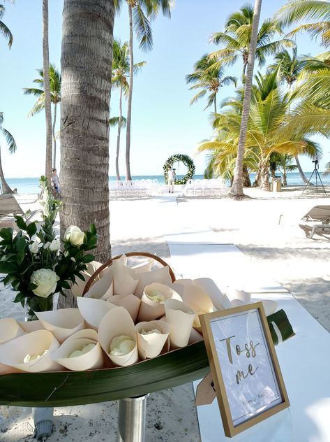 Beach Wedding Classic Simple, Beach Send Off Ideas, Trendy Beach Wedding, Tropical Beach Wedding Ceremony, Forest Green Beach Wedding, Beach Wedding Essentials, Upscale Beach Wedding, Destination Wedding Cocktail Hour, Pearl Beach Club Punta Cana Wedding