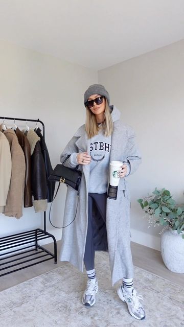 Leggings Trainers Outfit, Casual Grey Coat Outfit, Adanola Leggings Outfit, Leggings And Trainers Outfits, Heather Grey Leggings Outfit, Adanola Hoodie Outfit, Coat And Hoodie Outfit, What To Wear With Grey Leggings, Coat With Hoodie Outfit