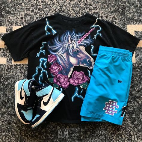 Casual Jeans With Built-in Shorts For Streetwear, Trendy Streetwear Jeans With Built-in Shorts, Eric Emanuel Shorts Outfit, Air Jordan 1 Blue Chill, Eric Emanuel Shorts Outfit Women, Jordan 1 Blue Chill, Tomboys Outfit, Streetwear Bermuda Shorts With Built-in Shorts, Air Jordan 1 Blue