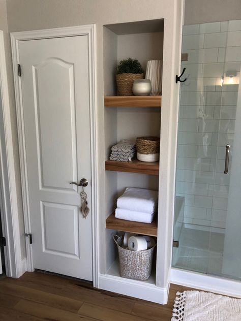 Bathroom With Cubbies, Bathroom Open Shelving Built Ins Towel Storage, Built In Wall Bathroom Storage, Narrow Bathroom Cabinet Storage, Bathroom Wall Built In Shelves, Built In Shelves Bathroom Decor, Bathroom Build In Wall Storage, Bathroom Nook Storage, Cubbies In Bathroom