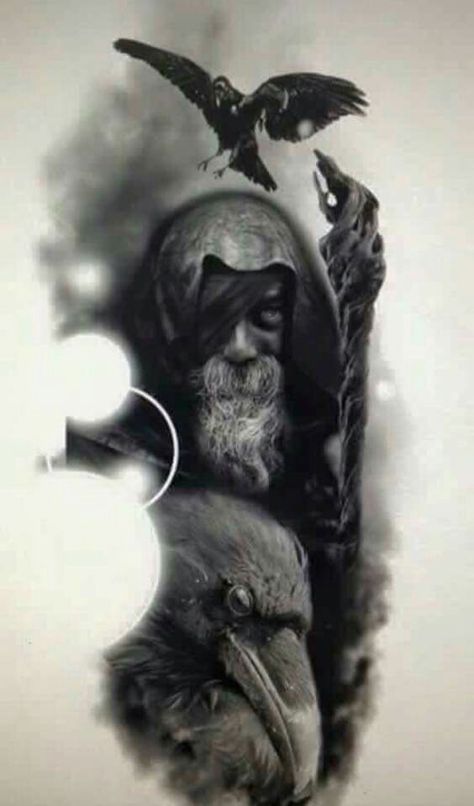 Odin w/his ravens Thought & Memory Gods Tattoo, Rabe Tattoo, Viking Warrior Tattoos, Norse Mythology Tattoo, Arte Viking, Viking Tattoo Sleeve, Art Viking, Vikings Tattoo, Symbole Viking