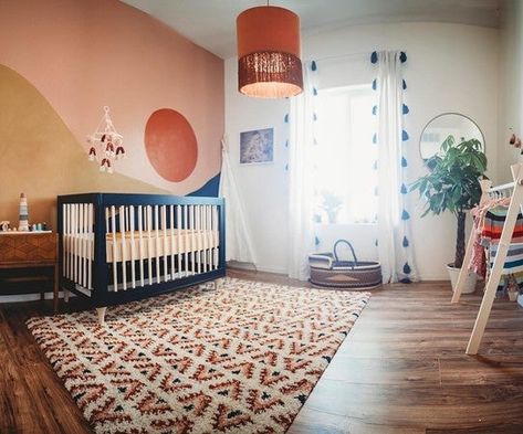 This nursery is giving us MAJOR desert sunset boho vibes and we are here for ALL OF IT! 🙌 Head over to stories to see more of this precious space. Design/Photo: @reginamoneypennyphoto Mural by: @afreshcoatyuma Desert Sunset Nursery, Pink Desert Nursery, Desert Kids Room, Sunrise Nursery Theme, Desert Mural Nursery, Simple Nursery Mural, Sunset Accent Wall, Desert Nursery Boy, Sunset Mural Bedroom