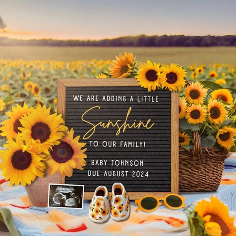 Little sunshine pregnancy announcement with sunflowers. Digital Canva template that can be easily edited, downloaded and sent to your loved ones. You can also print the customized image and give it to family members and friends in person. 👶 You can customize the template with name, baby scan and date. 📱 Easy to edit - use your phone, tablet or computer. We can customize the design for you for additional $5! Please purchase this listing https://www.etsy.com/ca/listing/1756826925/ and send us ba Digital Pregnancy Announcement, Baby Scan, Baby Reveal, Pregnancy Announcement, Canva Template, Sunflower, Design