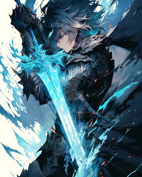 Water Knight Fantasy Art, Anime Knight Art, Water Knight, Knight Anime, Blue Knight, Anime Handsome, Anime Knight, Dark Fantasy Artwork, Cool Anime Backgrounds