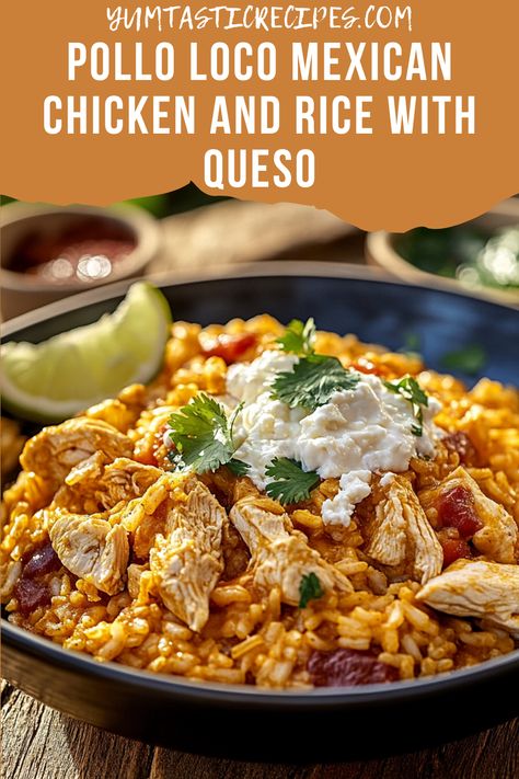 Simplify your weeknight dinners with this Pollo Loco recipe. Tender chicken and aromatic saffron rice come together under a blanket of creamy queso, creating a dish that's both comforting and indulgent. Ready in no time, it's the perfect solution for busy evenings. Give it a try!

#WeeknightDinner #EasyRecipes #PolloLoco #MexicanFood #CheeseLovers Cheesy Chicken And Mexican Rice, Mexican Dinner With Chicken, Poco Loco Chicken, Homemade Pollo Loco, Pollo Loco Mexican Chicken And Rice, Polo Loco Chicken Recipe, Chicken And Rice With Queso, Cheesy Mexican Chicken And Rice, Pollo Loco Recipe