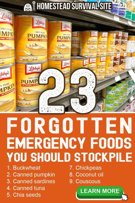 For many people, preparing an emergency food supply ends right about here. Okay, maybe you can add in granola bars, powdered milk, and trail mix as well. However, if you complete your preparations with these items, you are missing the opportunity to store many nutritious survival foods for your family. Here is a list of often forgotten emergency foods to consider that offer extended shelf life and provide needed calories and nutrients in an emergency. Best Long Term Food Storage, Prepping Food Survival List, Food To Store For Emergencies, 3 Month Emergency Food Supply List, Prepping Food Survival, Stuff You Need, Emergency Food Supply List, Emergency Preparedness Kit List, Food Storage List