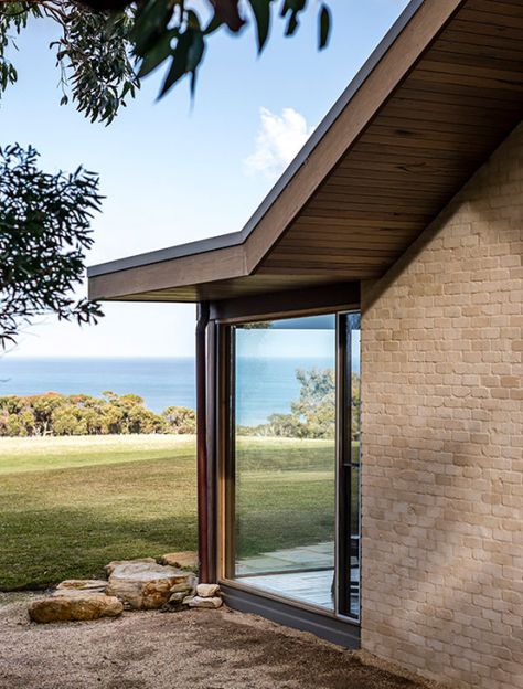 Bones House by Lachlan Shepherd Architects is a mid-century inspired makeover of a brick veneer home facing Bells Beach. Brick Beach House, Bungalow Extensions, Oak Framed Buildings, Steel Cladding, Timber Ceiling, Bungalow Renovation, Brick Veneer, Top Architects, Wall Exterior