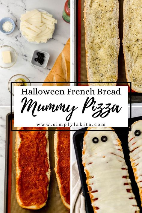 This French Bread Mummy Pizza is the perfect way to get ready for Halloween. It's a simple to make pizza recipe that is ready in less than 30 minutes with just a few ingredients. simplylakita.com #HalloweenRecipe Mummy Pizza Halloween, Halloween Food Mummy, Pizza Croissant, Mummy Pizza, Halloween Pizza, Homemade French Bread, Get Ready For Halloween, French Bread Pizza, Healthy Supper Recipes