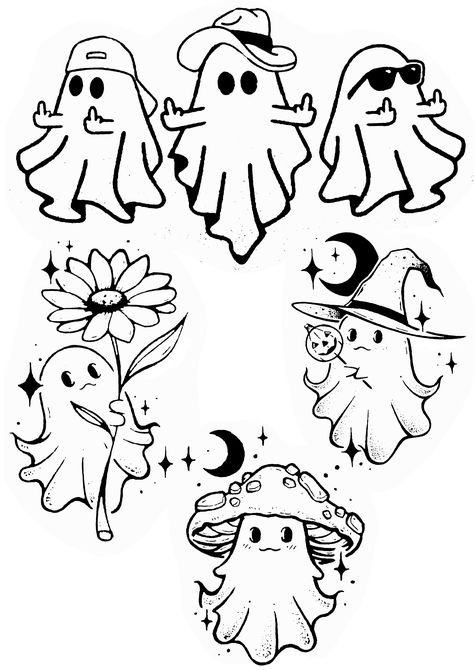 2 Ghosts Drawing, Ghost Sheet Tattoo, Art Sketchbook Halloween, Ghost Flipping Off Tattoo, Halloween Tiny Tattoo, Flash Sheets Tattoo, Flash Halloween Tattoo, Tattoo Practice Drawings, Eerie Tattoos