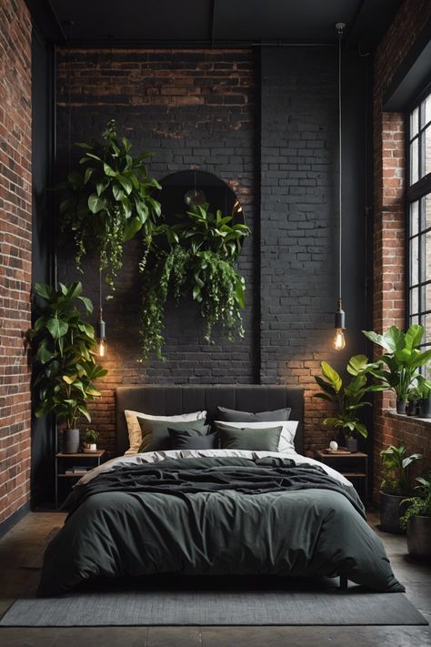 Master Loft Bedroom, Industrial Aesthetic Bedroom, Moody Nature Bedroom, Dark Room With Plants, Dark Plant Bedroom, Bedroom Design Dark, Brick Wall Bedroom Ideas, Cozy Industrial Bedroom, Bedroom Industrial Style