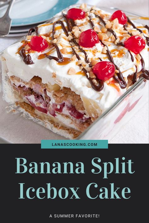 This Banana Split Icebox Cake is a summer favorite. Layers of your favorite banana split flavors in an easy, no-bake dessert make it perfect for cookouts and celebrations. Cake With Bananas, Strawberries And Pineapple, Cookout Desserts, Strawberry Icebox Cake, Banana Split Cake, Banana Split Dessert, Icebox Cake Recipes, Homemade Snickers, Banana Cake Recipe