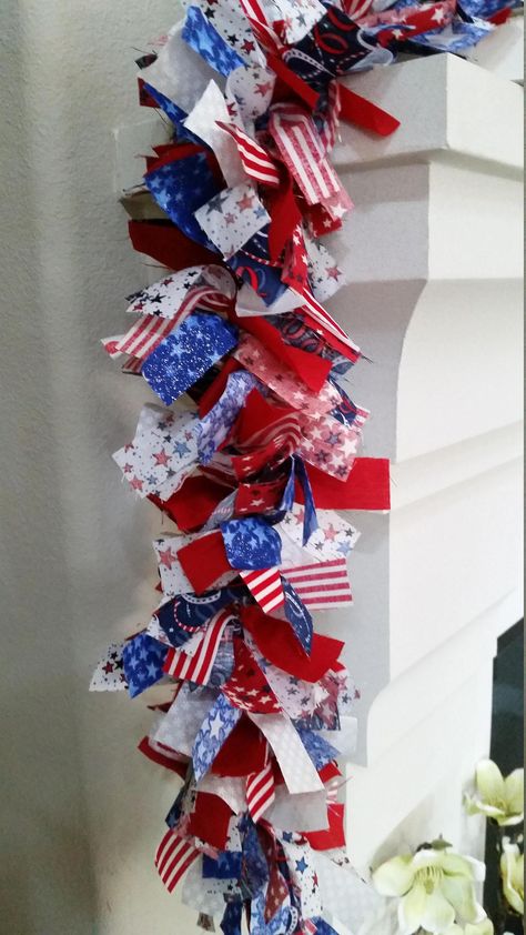 Red White Blue Decorations, Patriotic Garland, Americana Crafts, Fireplace Garland, Memorial Day Decorations, Rag Garland, 4th July Crafts, Fourth Of July Decor, Rag Wreath