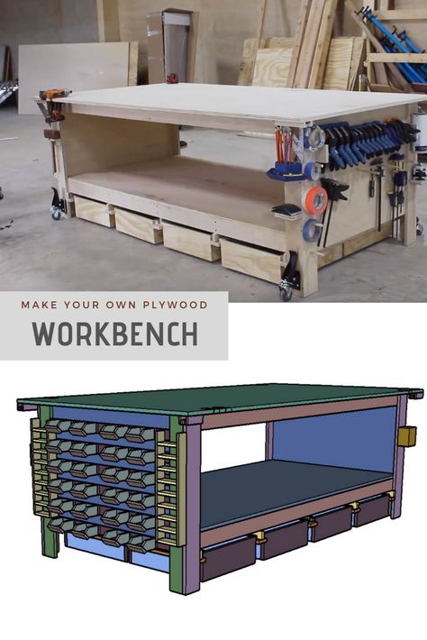 Plywood Workbench, Workbench With Storage, Workbench Organization, Portable Workbench, Workshop Layout, Workbench Plans Diy, Woodworking Bench Plans, Diy Workbench, Workbench Plans