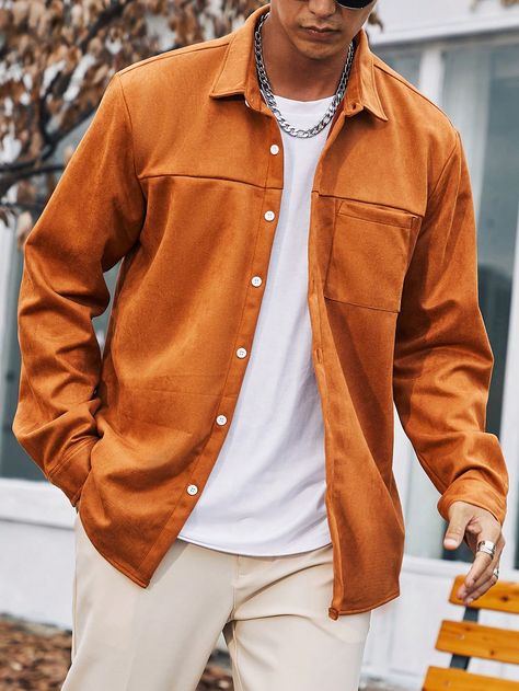 Rust Brown Casual Collar Long Sleeve Fabric Plain  Embellished Slight Stretch  Men Plus Size Clothing Orange Shirt Outfit Men Casual, Orange Outfit Men, Cooler Outfits, Orange Shirt Outfit, Corduroy Shacket, Jeans Outfit Men, Shirt Outfit Men, Pumpkin Outfit, Pyjama Satin