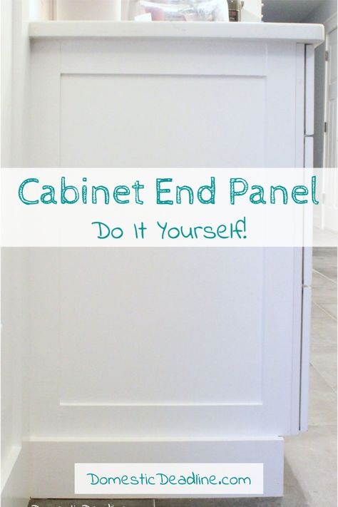 Learn my cost-effective solution to customize kitchen cabinets for my farmhouse fixer upper kitchen, DIY cabinet end panels finish the look www.domesticdeadline.com Cabinet End Panel Storage, Diy Upper Kitchen Cabinets, Kitchen Island Panels, Kitchen Cabinets End Panels, Cabinet End Panel, Finish Basement, Farmhouse Fixer, Farmhouse Fixer Upper, Fixer Upper Kitchen