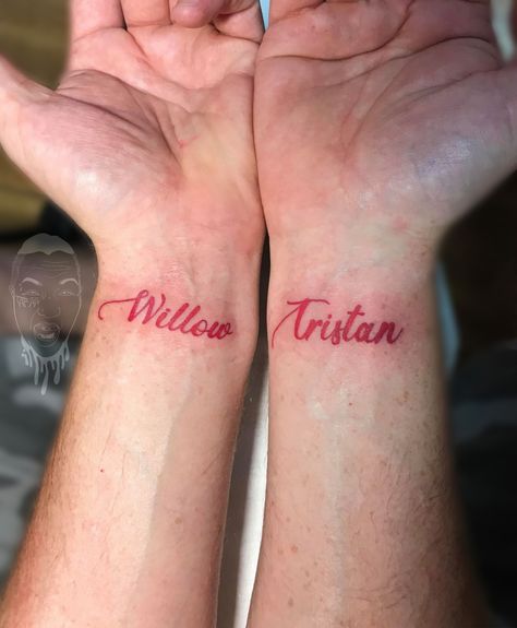 Tristan Name Tattoo, Name Tattoos In Red Ink, Red Ink Name Tattoo, Red Name Tattoo, Jojo Tattoo, Forget Me Not Tattoo, Name Tattoos On Wrist, Red Names, Studio Images