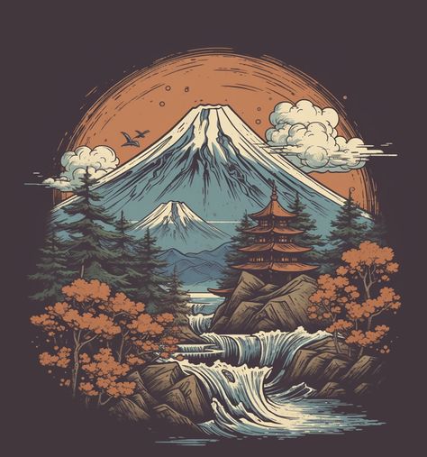 Japanese Mountain Tattoo, Mount Fuji Tattoo, Doodle Mural, Orange And Light Blue, Japanese Mountains, Japanese Pagoda, Fuji Mountain, Monte Fuji, Mountain Artwork