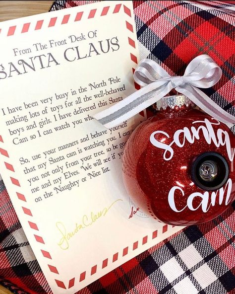 LARGE SANTA SPY CAM ORNAMENT - 4 INCHES •DESCRIPTION• -Glitter filled and glued -Real lens is secured to the ornament and glued for extra protection. (Lens does not work and its only to give it a real camera look) See images -Bow(pattern may vary) and string for hanging. If you have a color Santa Camera Ornament, Santa Cam Ornament, Elf Cam, Christmas Booth, Santa Cam, Spy Cam, Letter From Santa, Custom Ornaments, Christmas Decoration Items