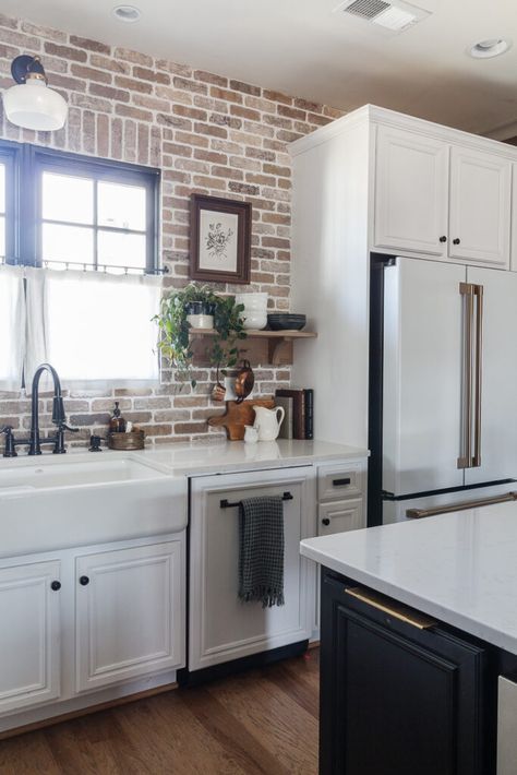 Kitchen Brick Wall, Brick Kitchen Backsplash, Brick Backsplash Kitchen, Project House, Brick Kitchen, Brick Backsplash, Charming Kitchen, Kitchen Ideas Dark Cabinets, Kitchen Ideas Dark