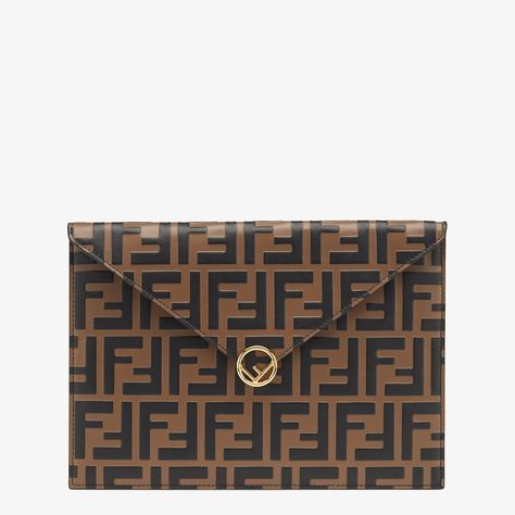 Flat Pouch - Brown leather pouch | Fendi Envelope Pouch, Fendi Store, Flat Pouch, Sheep Leather, Exclusive Gift, Leather Pouch, Italian Fashion, Missoni, Embossed Leather