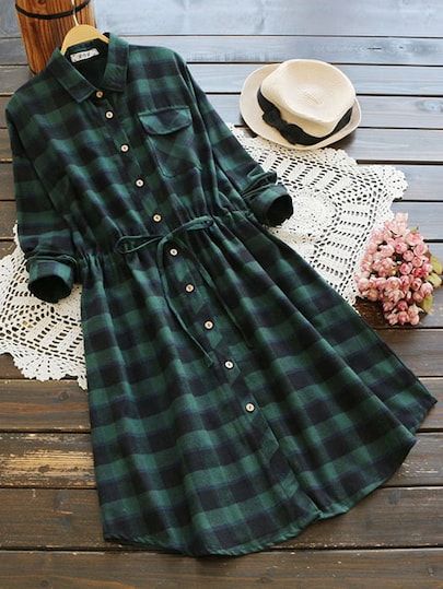 Checked Drawstring Waist Shirt Dress -SheIn(Sheinside) Celana Jogger Wanita, Holiday Shopping List, Mode Boho, Plaid Dress Shirt, Designs For Dresses, Stylish Dress Designs, Holiday Shopping, Kurta Designs, Black Shirt Dress