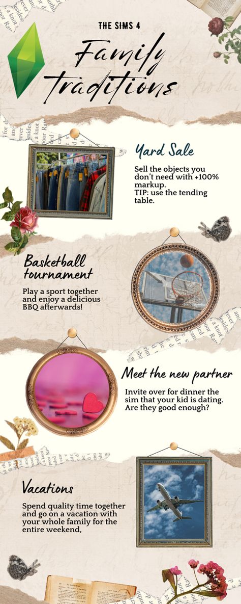 These are a list of family traditions in The Sims 4. Do you like them? Have you done them before? Sims 4 Family Gameplay Ideas, Sims Gameplay Ideas, Sims 4 Ideas Gameplay, Sims 4 Gameplay Ideas, Sims 4 Storyline Ideas, Sims Legacy Challenge, Storyline Ideas, Legacy Challenge, Sims Gameplay