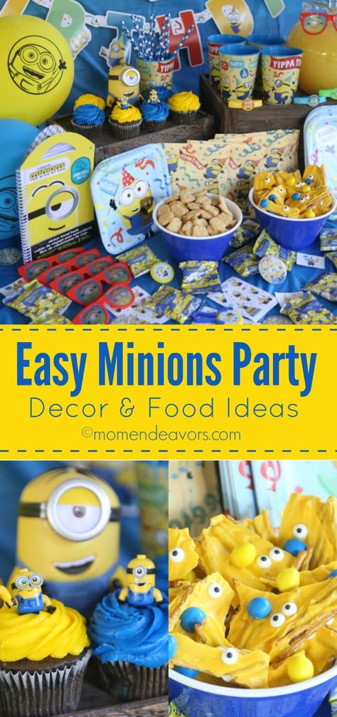 Minion Birthday Food Ideas, Minion Party Food Ideas, Mega Minion Birthday Party, Minion Two Year Old Party, Minion Themed Food, Despicable Three Birthday Party, Minion Theme Party, Minion Birthday Party Decorations Diy, Minion Party Decor