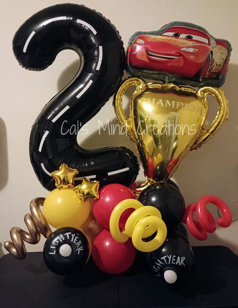 3 Balloon Bouquet, Cars Balloon Bouquet, Disney Cars 2nd Birthday, Cars 2nd Birthday, Balloon Board, Pixar Cars Birthday, Number 1 Balloon, Birthday Balloon Bouquet, Balloon Cars