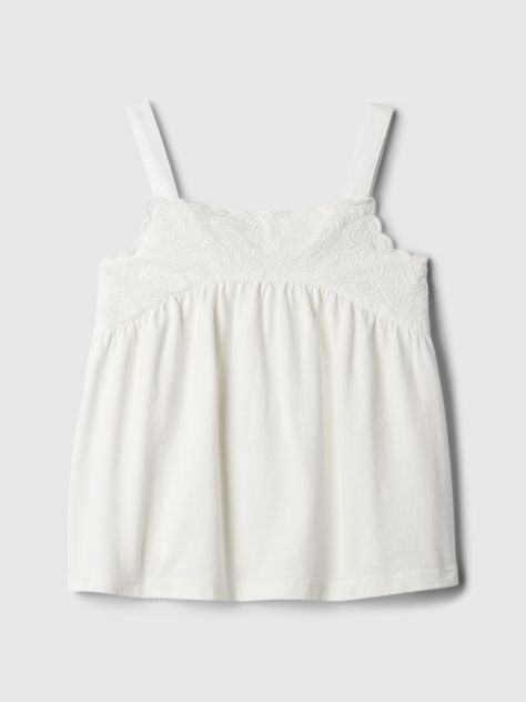 Soft cotton tank top.  Square neck.  Tank straps.  Lace detailing at chest.  Straight, easy fit.  Hits at the hip.  Sizes range from baby to toddler. Cute White Tops Summer, White Tank Top Outfit Summer, Unrealistic Wishlist, Lace Tank Tops, Thrift Wishlist, Tank Top Outfit, Stylish Fits, Coquette Summer, School Fit