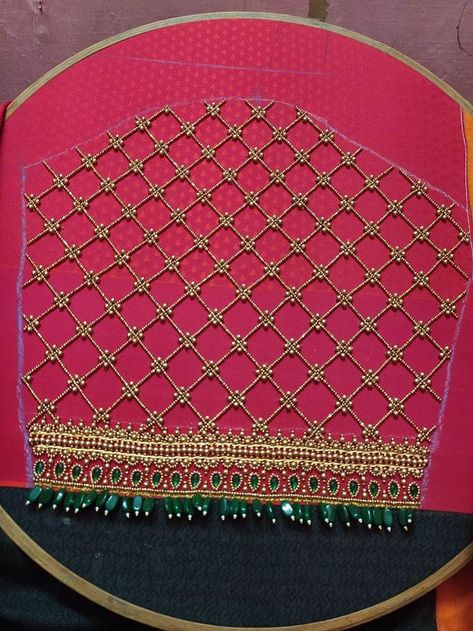 Blouse Hand Aari Work Designs, Aari Work For Sleeves, Checked Design Aari Work, Aari Checked Sleeve Design, Aari Blouse Hand Design, Checked Pattern Aari Work, Aari Bead Work Designs, Trendy Aari Work Blouse Designs, Aari Work Simple Design