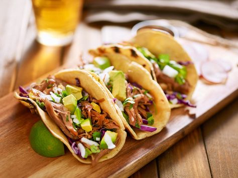 Pork Carnitas Pork Verde, Pulled Pork Tacos Recipe, Duck Tacos, Sweet Potato Tacos, Salmon Tacos, Pulled Pork Tacos, Carnitas Recipe, Pork Carnitas, Spicy Salmon