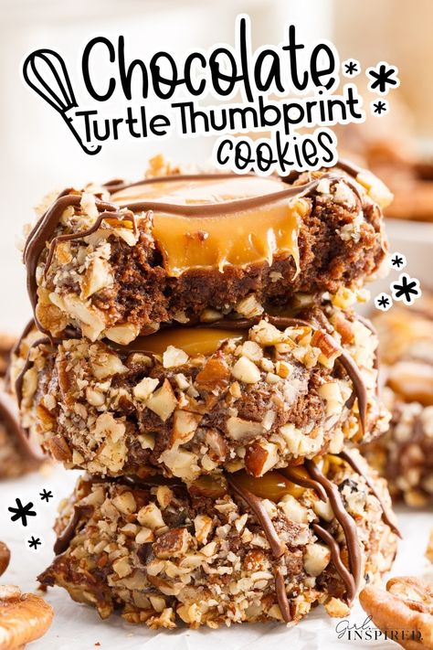 These rich and chewy chocolate turtle thumbprint cookies are bursting with chocolate and caramel flavor. The pecans add a nice holiday crunch and the melted chocolate drizzle makes them look even prettier on the cookie tray! Turtle Pecan Thumbprint, Caramel Chocolate Thumbprint Cookies, Chocolate Thumbprint With Carmel, Caramel Turtle Cookies, Turtle Chocolates, Log Cookies, Turtle Thumbprint Cookies, Chocolate Turtle Cookies, Caramel Pecan Cookies