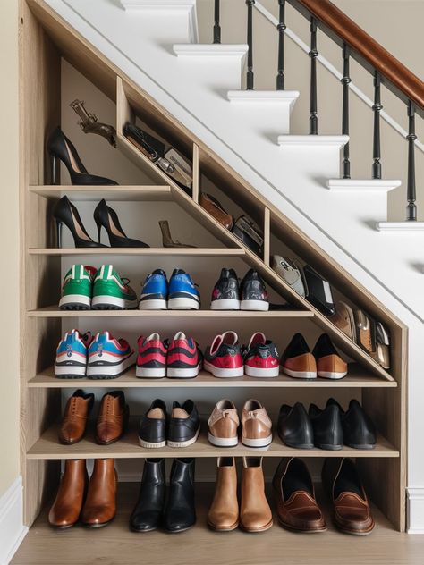 23 Under Stairs Storage Ideas – The DIY Desire Under Stairs Landing Storage, Shoe Rack Stairs, Shoe Rack Under Staircase, Under Stairs Pull Out Storage, Stair Shoe Storage, Shoe Rack Under Stairs, Under The Stairs Closet Ideas, Under Stairs Shoe Storage, Under Basement Stairs