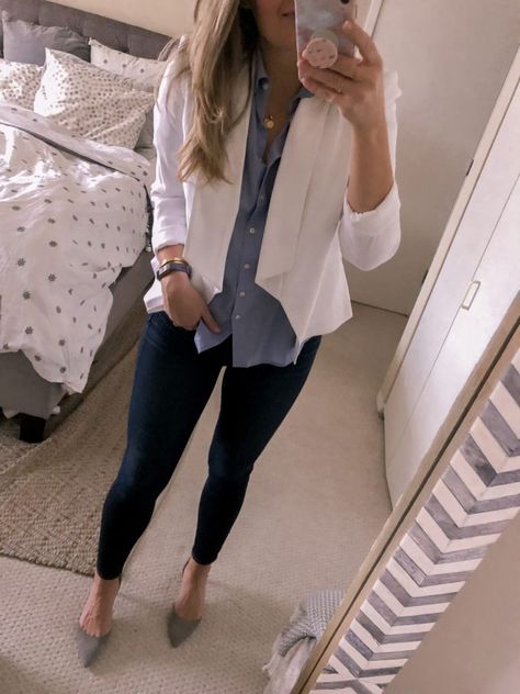 See more outfits of the day here for inspiration! White Blazer | Similar Blue Button Down | Favorite High Waist Skinny Jeans (size down!) | Grey Pumps | Gold ‘J’ Necklace | Gold Stacking Ring | Gold Pave Ring | $20 iPhone Case | Cactus Popsocket | Work Tote Bag | Lipstick in ‘Currant’ This look is CLASSIC. It’s literally something I would have worn … How To Wear A White Blazer, Work Attire Women, Look Office, Blazer Outfit, Professional Attire, Casual Work Outfits, Work Outfits Women, White Blazer, Professional Outfits