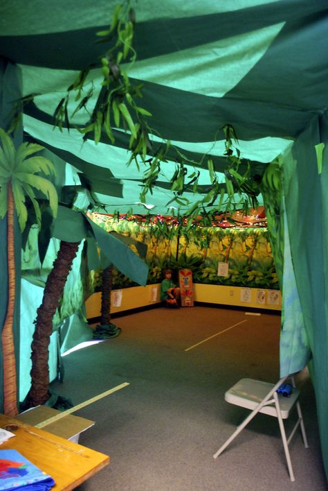 Diy Jungle Theme Decorations, Fake Waterfall, Vbs Decorating Ideas, Shipwreck Vbs, Zoomerang Vbs, Shipwrecked Vbs, Jungle Canopy, Weird Animals Vbs, Jungle Theme Decorations