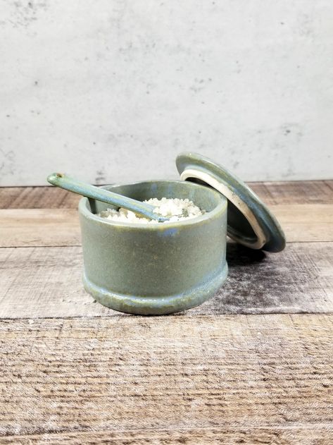 Handmade ceramic salt cellar with lid and small spoon. Blue glaze with matte finish. Handmade Ceramic Salt Cellar, Salt Dish Ceramic, Salt Holder Ceramics, Clay Salt Dish, Ceramic Lidded Containers, Salt Cellar With Lid, Salt Cellar Ceramic, Pottery Salt Cellar, Ceramic Salt Cellar