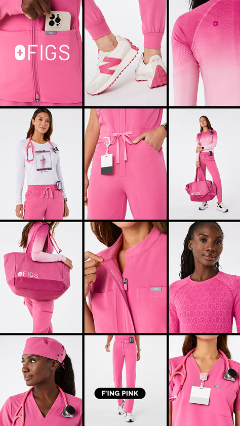 Peds Nurse Outfit, Trendy Nurse Scrubs, Pink Nursing School Aesthetic, Pink Scrubs Outfit, Pink Scrubs Aesthetic, Nurse Aesthetic Pink Scrubs, Pink Fig Scrubs, Nursing School Supplies, Doctor Aesthetic