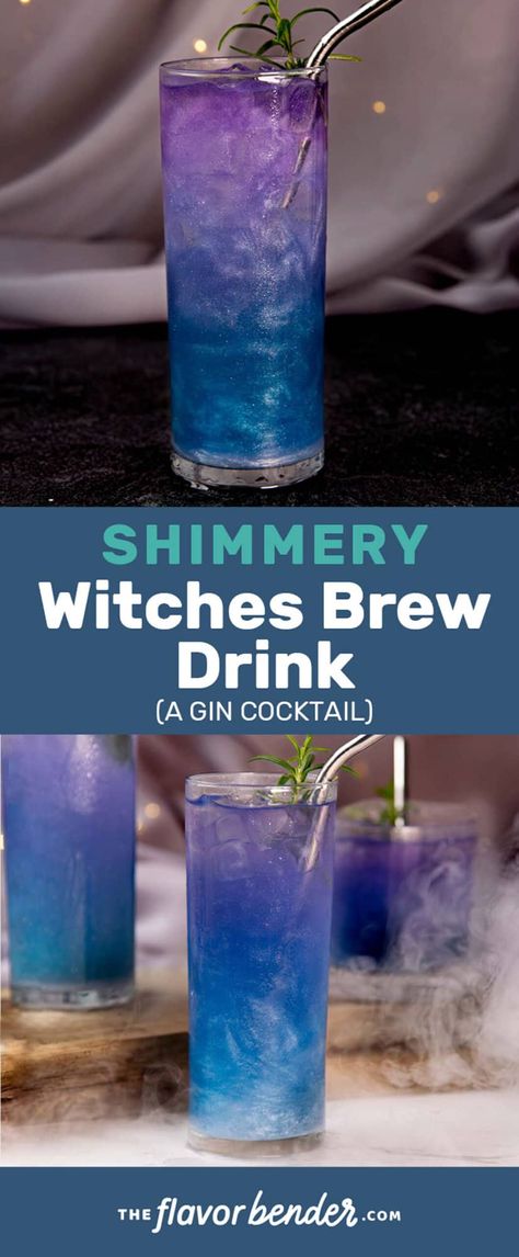 This Witches Brew Drink is the most spectacular Halloween cocktail you could concoct! A show-stopping drink with a beautiful blue to pink/purple color gradient and gorgeous shimmery swirls. Plus, it tastes just as amazing with tart, citrus, herbaceous, sweet flavors. You can also make it as a non-alcoholic kid-friendly drink. #TheFlavorBender #HalloweenCocktails #WitchesBrewDrink #WitchesBrewCocktail #HalloweenPartyRecipes Drunken Witch Drink, Northern Lights Drink, Purple Alcoholic Drinks, Purple Drinks Alcohol, Witches Brew Drink, Crow Party, Witch Brew Recipe, Halloween Witches Brew, Kid Friendly Drinks